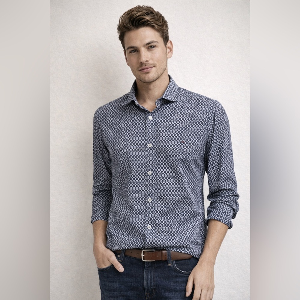 Tommy Hilfiger New York Fit Blue White Geometric Button Down Shirt XS